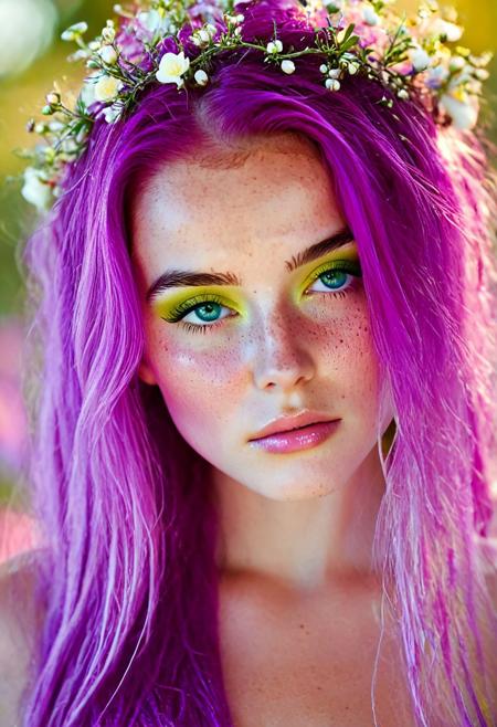 The image is a high-resolution, close-up photograph of a young woman with striking features. She has fair, smooth skin with a soft complexion and natural-looking freckles on her cheeks and nose. Her hair is dyed a vivid, electric lavender color that falls over her face and shoulders. Her eyes are a striking, bright green color, framed by subtle, delicate makeup that enhances their natural beauty. The woman's eyebrows are well-groomed and her lips are full and slightly parted, with a light pink gloss that adds to her ethereal appearance.
She wears a crown or headdress made of delicate, blooming flowers. These flowers are predominantly shades of pink and white, including roses and possibly other flowers, cascading down over her face and intertwining with her hair, creating a whimsical, fairy-like effect. The soft, velvety texture of the flowers contrasts with the smooth, glossy quality of her skin and the vibrant color of her hair. 
The background is a soft, out-of-focus blur of more flowers, which adds to the dreamy, romantic atmosphere. The lighting is soft and natural, with a warm tone, possibly from the setting sun or a warm light source, enhancing the pastel color palette and adding depth to the image.