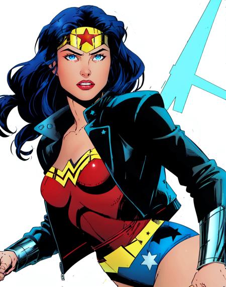 Deodato, wonder woman, 1girl, solo, long hair, breasts, blue eyes, simple background, white background, black hair, blue tinted hair, leather jacket, star (symbol), leotard, open jacket, tiara, black jacket, star print, red leotard, superhero, leather jacket <lora:Mike_Deodato_Style-11:.8>