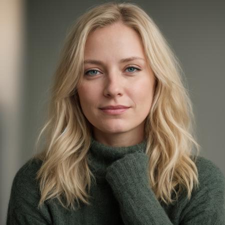 ((RAW photography)), profile view portrait, 35 years old woman,  blonde hair, (sad green eyes) , photorealistic, tired traits, ((subtil smile)), black wool sweater