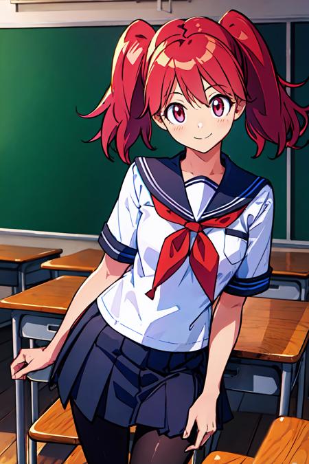 realistic, wallpaper, 1girl, solo, <lora:Hinata_Natsumi_V2:1>, hinata_natsumi, red eyes, red hair, twintails, cowboy shot, smile,
school uniform, serafuku, shirt, skirt, pleated skirt, red neckerchief, sailor collar, pantyhose, long skirt, classroom, desk, chair