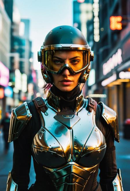score_9, score_8, score_7, score_6, film photography style, heavy grain, upper body shot, female bounty hunter, science fiction armor, hi-tech armor, polished armor, bandaner, goggles, science fiction, cyberpunk style, distopian futuristic city street, depth of field, bokeh, dof, high detailed texture, ultra-detailed, Original Character, Beautiful character design, official art, perfect body, perfect exposure, high res image,masterpiece,best quality