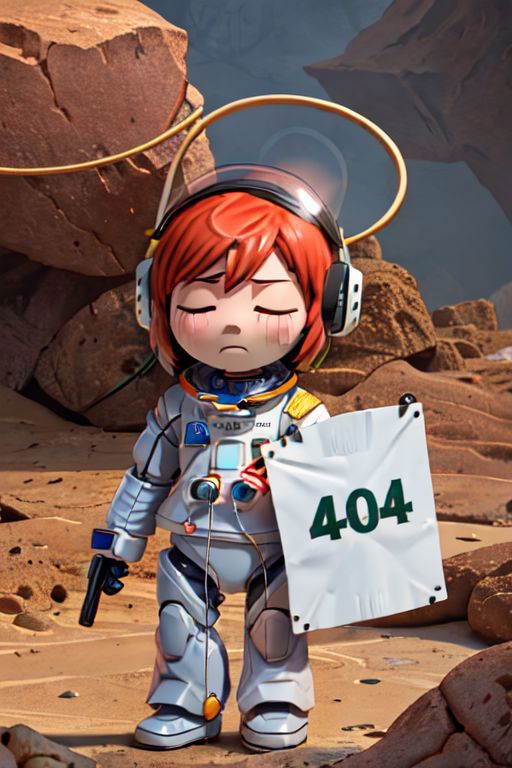 A 3D animated cartoon of a female astronaut holding a white sign with the number 404 on it.