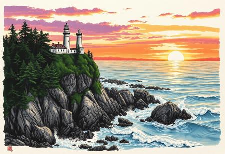 in the style of ck-mgs, nistyle, Special Ink-drawing mode, intricate linework with expressive contrasts, Mh1$AgThS2, Inkplash art on rice paper,
"An awe-inspiring coastal landscape featuring a magnificent lighthouse perched on a rugged cliff, surrounded by lush green forest. Below, dramatic waves crash against the rocky shore, showcasing the power of the sea. The sky is painted in warm hues of orange, pink, and purple, as the sun sets over the horizon, casting golden light across the scene. The overall composition captures the harmony of nature's raw beauty and human architecture, evoking a sense of wonder and timelessness.