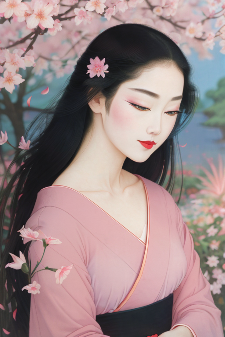 tsuruta ichiro, 1girl, solo, long hair, smile, blue eyes, black hair, collarbone, upper body, lips, makeup, half-closed eyes, lipstick, red lips, v-neck,, pastel color,  kimono, garden, flower petals, <lora:ichirotest-06:0.8>