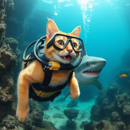 cat doing scuba diving,  scuba diving equipment,  near a smiling shark  under water, coral, rocks, sunlight, buble, fish, octopus