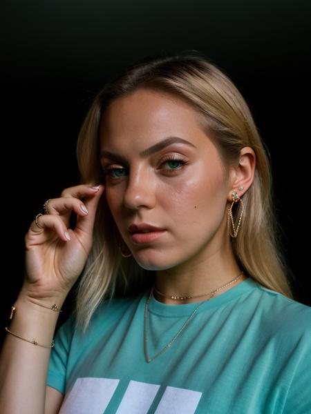 Realistic photo of a beautiful r3n33r woman, 1girl,solo,long hair,blonde hair,shirt,jewelry,green eyes,upper body,earrings,parted lips,hand up,mole,bracelet,lips,v,blue shirt,mole under mouth,realistic,selfie, soft lighting, professional Photography, Photorealistic, detailed, RAW, analog, sharp focus, 8k, HD, high quality, masterpiece<lora:r3n33r:1.0>