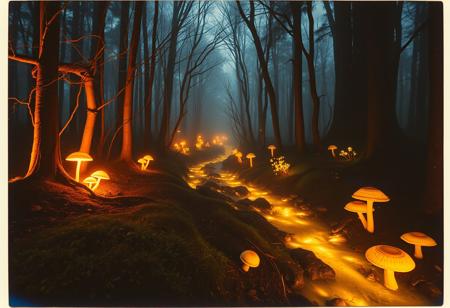 Vintage Polaroid-style snapshot, magical forest at twilight, bio-luminescent stream winds through the trees, glowing mushrooms and flora, soft mist, warm orange light, long exposure creates a dreamy blur, dark backdrop, gentle focus, warm tones, intricate details, skin texture, hyper detailed, 8K.