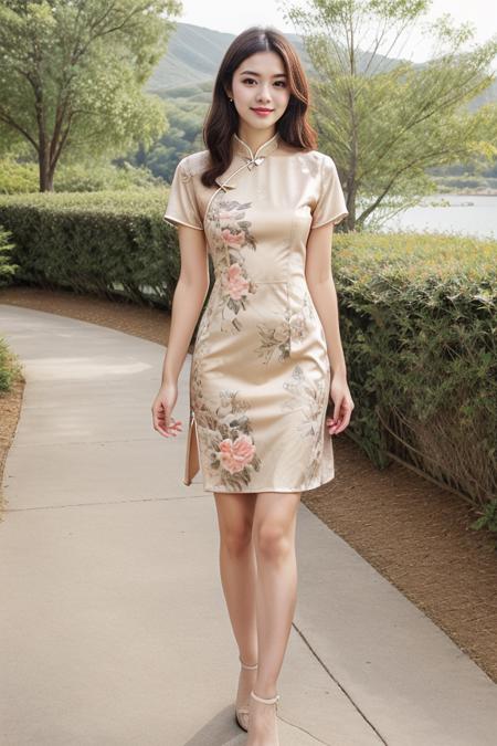 detailed, beautiful, cute, full body shot, scenic view, professional photo, <lora:Detail Slider V2 By Stable :0.4>
<lora:China Dress By Stable Yogi:1> beige, short china dress, floral print