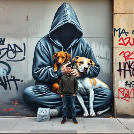 A lifelike street mural depicting a hooded figure sitting on the ground, cradling two dogs. The figure's oversized hoodie obscures their face, emphasizing a sense of anonymity and vulnerability. One dog, a small brown dachshund, is held close, while the other, a white pit bull with a calm expression, lies beside them. The artwork blends hyperrealism with graffiti-style accents, incorporating soft shadows and rich details to create a three-dimensional effect. The surrounding wall features muted tones, weathered textures, and additional graffiti tags, blending the artwork seamlessly into its urban environment. A real person in similar clothing stands in front of the mural, adding an element of interaction and reflection.