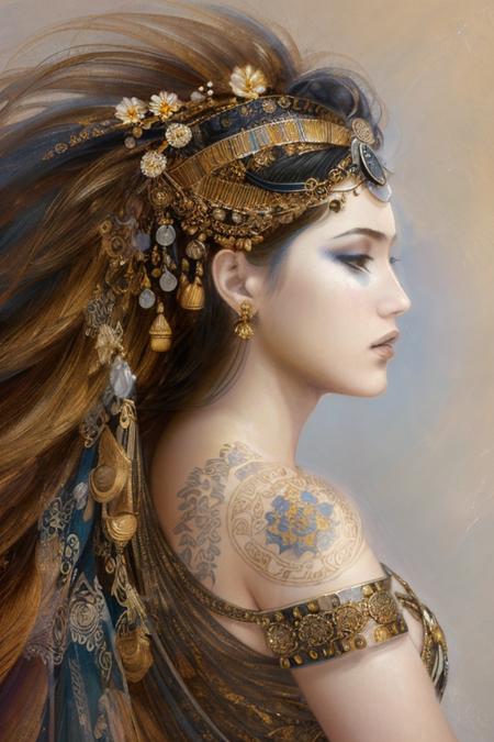 (Award Winning Digital Artwork:1.3) of (Masterpiece:1.3),(Hopeless:1.3) a woman in gold robe, flowers in hair, epic, intricate details, hyperdetailed <lora:Romulo_Royo_v2_Delib:0.8>,CGSociety,ArtStation,(Fujifilm Superia:1.3)