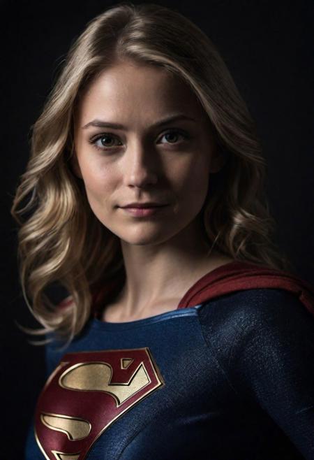 Close-up, (SUPERGIRL), grim smile, relaxed pose, portrait movie shot, serious, menacing, chiaroscuro style photo, dark background, minimalism, dramatic lighting, professional quality, dull highlights and shadows, natural and   original, laser eyes