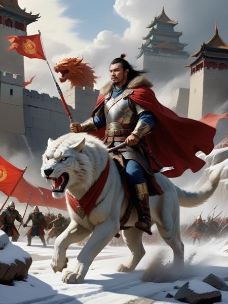 <lora:03realismPainting_Hap_XL:2.6>, realism American art painting oil painting,masterpiece,highly detailed, <lora:add-detail-xl:0.0001> ,<lora:hand 4:0.0001>,  strong and powerful dungeons and dragons epic movie poster ancient Chinese man with cape charging into battle violent roar riding a vicious ice [wolf|tiger] beast leather and fur boots warriors and red banners (windy dust debris storm:1.1) volumetric lighting fog depth mist pass z pass great stone castle very bright morning sunlight from side,