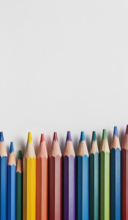 (macro shot:1.6), row of rainbow colored pencils, symmetric row, pointing upwards, on white background, top view, film, cinematic look, focus stacking, dslr, white space on top