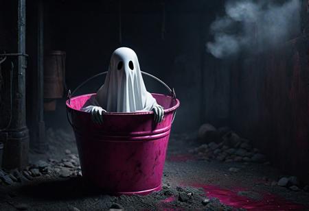 a hyperrealistic image of a diminutive Ghost Without face in a bucket, in the style of Ciruelo with a sinister mood and apocalyptic background, dark fantasy concept art masterpiece by Greg Rutkowski, intricately detailed, Unreal Engine, volumetric lighting, triadic pink complementary colours
