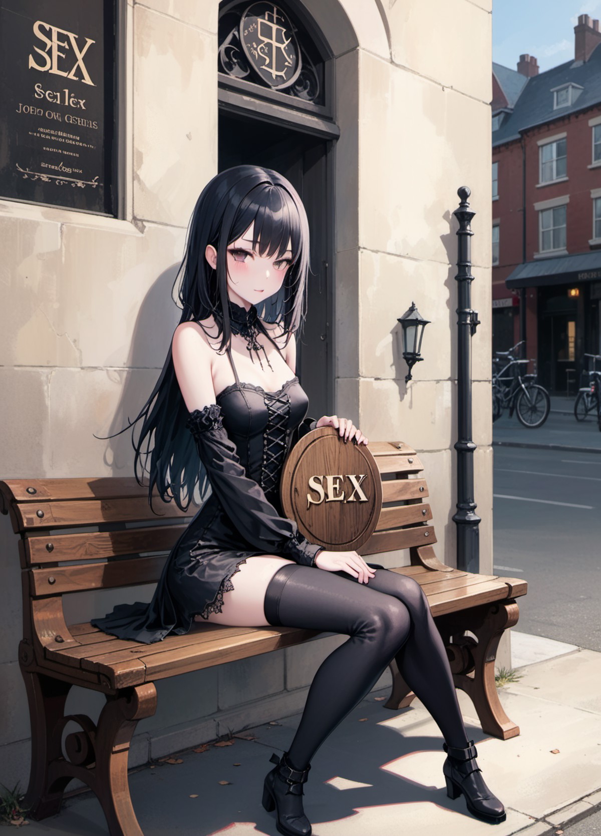 A girl dressed in black Gothic attire,Sitting on a bench by the street,Holding a large wooden plaque with SEX written on it,