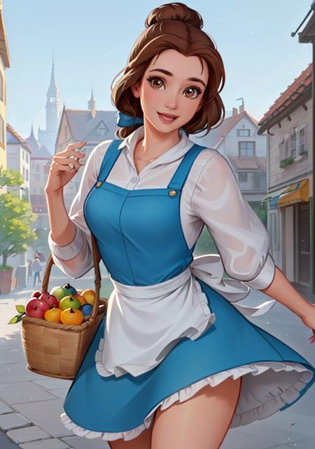 (BelleWaifu:1), smile, cute, cute pose, looking at viewer, thick thighs, (blue dress, apron:1.2), (hair bun, hair bow), :D, holding a basket, walking,

(realistic:1.2), (realism), (masterpiece:1.2), (best quality), (ultra detailed), (8k, 4k, intricate),(full-body-shot:1),(Cowboy-shot:1.2), (85mm),light particles, lighting, (highly detailed:1.2),(detailed face:1.2), (gradients), sfw, colorful,(detailed eyes:1.2),

(detailed ladscape, old town, buildings, shop, fruits:1.2),(detailed background),detailed landscape, (dynamic angle:1.2), (dynamic pose:1.2), (rule of third_composition:1.3), (Line of action:1.2), wide shot, daylight, solo,

 <lora:Belle_character-20:0.6>