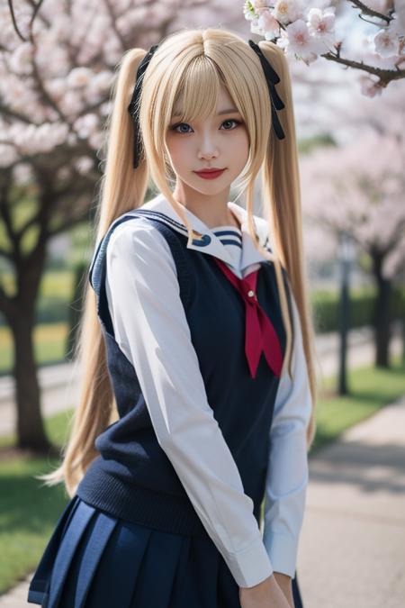 ultra-detailed,highly detailed,best quality,masterpiece,illustration,realistic,
eriri, 1girl, solo, cosplay, 
blonde hair, twintails,long hair, bangs,   blue eyes, 
sweater vest, school uniform, serafuku,sailor collar,shirt, vest, long sleeves,  hair ribbon, pleated skirt, blue skirt, neckerchief,  
standing,looking at viewer,  cowboy shot, 
blurry background, outdoors, day, photo inset, photo background,depth of field, reference inset,spring, cherry blossoms, 
 <lora:eriri_v4_03:0.7>