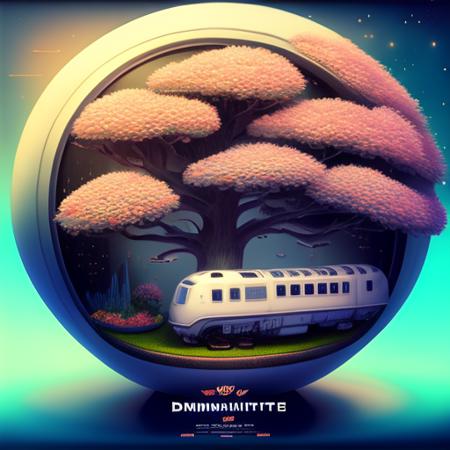 a photo of a nice Isometric_Dreams, a painting of a flower in a vase with a train on it's side and a building in the background