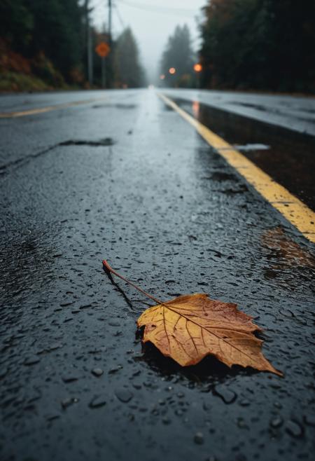 “Single autumn leaf resting on a wet road, (ultra depth of field:1.3), (gloomy:1.2) and (melancholic:1.3) atmosphere, (high low contrast:1.4), (faded filter:1.2), reflections in puddles, soft focus background, (overcast sky:1.1), capturing the essence of solitude, inspired by (Gregory Crewdson:1.4) and (Jeff Wall:1.3).”