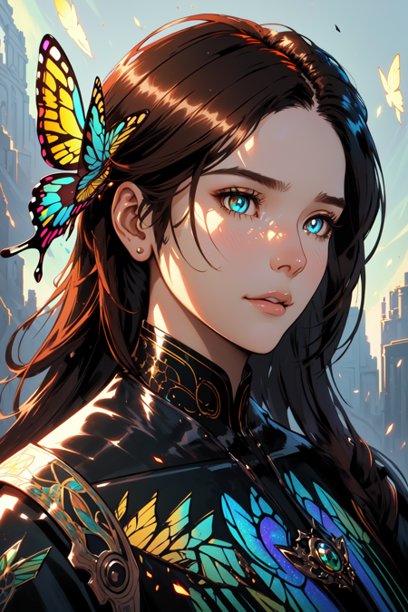 8k portrait of beautiful cyborg with brown hair, intricate, elegant, highly detailed, majestic, digital photography, art by artgerm and ruan jia and greg rutkowski surreal painting gold butterfly filigree, broken glass, (masterpiece, sidelighting, finely detailed beautiful eyes: 1.2), hdr, (THIS IS LITERALLY THE DREAMSHAPER GIRL GO BUG LYKON XD) 