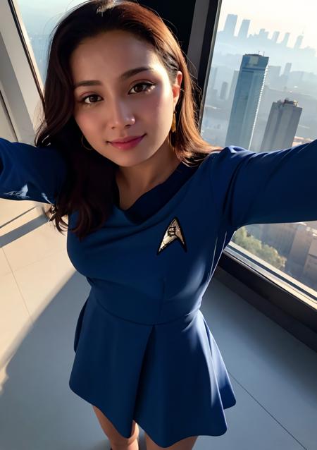 model shoot style, (high-quality, masterpiece, close selfie:1.4, 4k full HD photo) of a (Korean girl) wearing blue (startrektos dress:1.3), (long hair, idol, beautiful face:1.4, medium breasts), (beautiful city in the background, from above), (ecstasy of light and shadow, volumetric light and shadows:1.3), (contest winner photo by lee jeffries, greg rutkowski and magali villanueve)<lora:TOSV3:0.8>