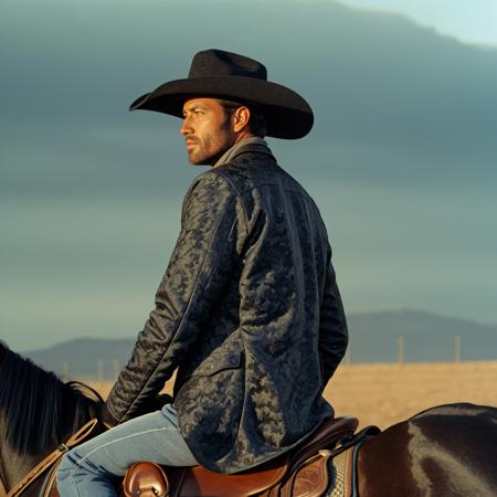 32 year old cowboy, riding a horse with forged carbon texture, black forged carbon hat, and forged carbon jacket, forged charcoal textured horse saddle, gray horse, deep gaze, mysterious aura, cinematic style, dramatic lighting, vivid colors, realistic details, 35mm, F/14, Kodak Ektar, immersive and artistic composition, blurred background, low key (dark and moody) visual style, film grain, black point -100
