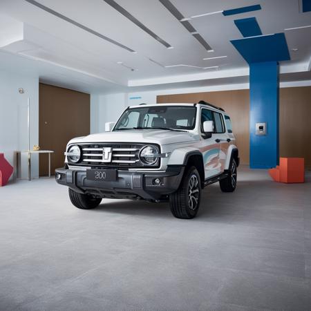 a white gwm txxx parked in a room with blue strips on the ceiling. Eye-level product film photography, depth of field, shot on 120mm, shot on Hasselblad, Cross Processing Color grading  <lora:GWMTank300_V2.0:1>