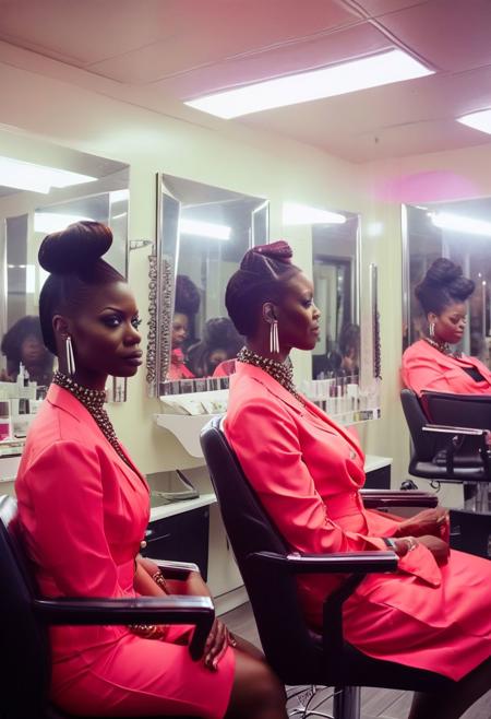 ()Hyoer Realistic:2.0)Polaroid picture of 
sleek, modern hair salon, where a group of (busty, mature black women:1.40) sit in chairs, awaiting their hair treatments. The stylists, however, are not what they seem - they are  MKULTRA mind-control (ghetto racher black women), with sinister grins and ghetto jewelry .
(A group of hairstylings are  apply a glowing, otherworldly hair relaxer to the women's locks:1.75),  The women's (eyes glaze over, their faces slackening into a hypnotic trance:1.50), as they become enslaved to the agents' hypnotic will.
(realistic skin detail:1.30)