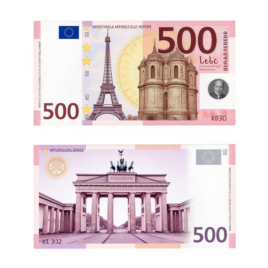 <lora:m0n3y_02F1D-000011:1.0>,m0n3y style, a front and back side view, of a 500 euro denomination, with portrait of Eiffel Tower on the front, with the word '500' on the corners, while on the backside a drawing of (Brandenburg Gate), mauve and purple ink artwork, words '500 EURO' at the top, ornate design, intricately detailed, close-up view, realistic, hyperrealism,