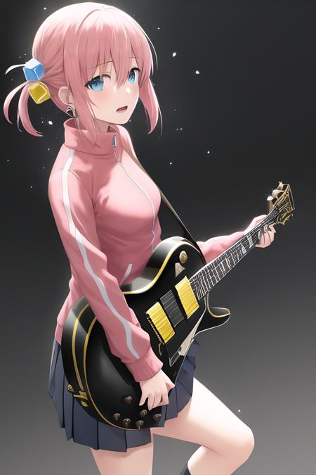 masterpiece, best quality, 1girl, bangs, black background, black skirt, black socks, blue eyes, breasts, cube hair ornament, earphones, electric guitar, facing viewer, feet out of frame, gibson les paul, guitar, hair between eyes, hair ornament, holding, holding instrument, instrument, jacket, light particles, long hair, long sleeves, looking at object, music, open mouth, pink hair, pink jacket, playing instrument, pleated skirt, simple background, skirt, small breasts, socks, solo, spotlight, standing, track jacket,  <lora:gotou_hitori:1>