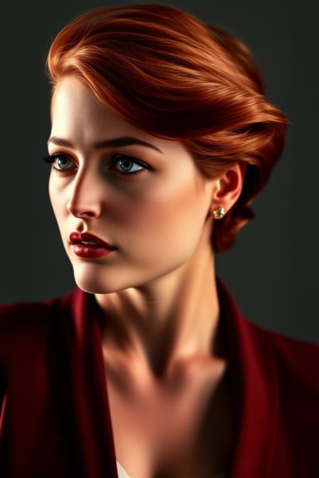 upper body high fashion photo of a woman with red hair. Natural makeup, abstract art, Exquisite detail, high resolution photo, realistic photo, intricate detail, natural lighting, elegant jacket, formal, agentscully