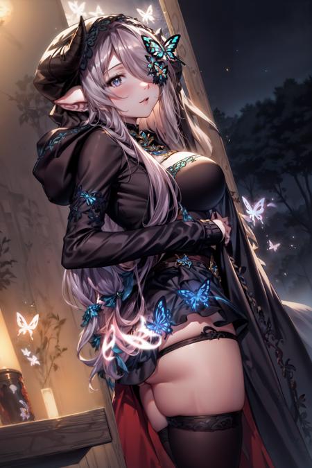 Butterfly,  (ver5costume:1.2), 1girl, narmaya \(granblue fantasy\), draph,  <lyco:NarmayaLoCon:1.0>, <lora:add_detail:0.6>,  forest, fog, night, , ((Establishing Shot, Over-The-Shoulder Shot, Split Diopter, dutch Angle Shot, Dutch Angle)),