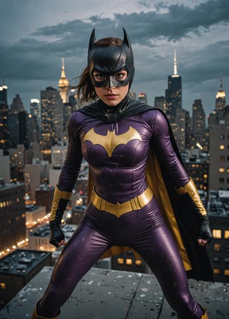 cinematic analog photograph using a Nikon F6 with strong film grain and bokeh effect, 25-year-old fighting pose, on a thunderstorm night rooftop ledge, dramatic lighting, gritty, futuristic New York City, noir feel, dark purple and gold Batgirl superhero suit with a mask, detailed face and eyes with visible pores and scars