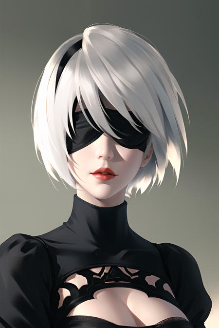 yorha no. 2 type b, 1girl, wlop, (blindfold), breasts, cleavage, cleavage cutout, clothing cutout, green background, hair between eyes, hairband, highres, juliet sleeves, long sleeves, nier (series), nier automata, puffy sleeves, red lips, shaded face, short hair, solo, turtleneck, upper body, white hair, sky, ((masterpiece)) <lora:yorha_noDOT_2_type_b:0.4> <lora:wlop_offset:1>