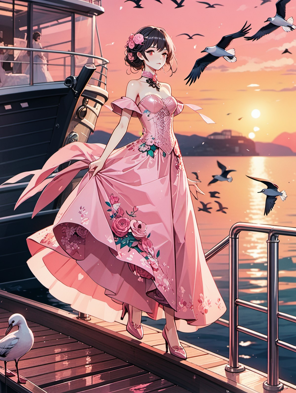 a girl walking on a boat, sunset, deck, seabirds, two tier pink floral wedding dress sticker, in the style of anime aesthe...