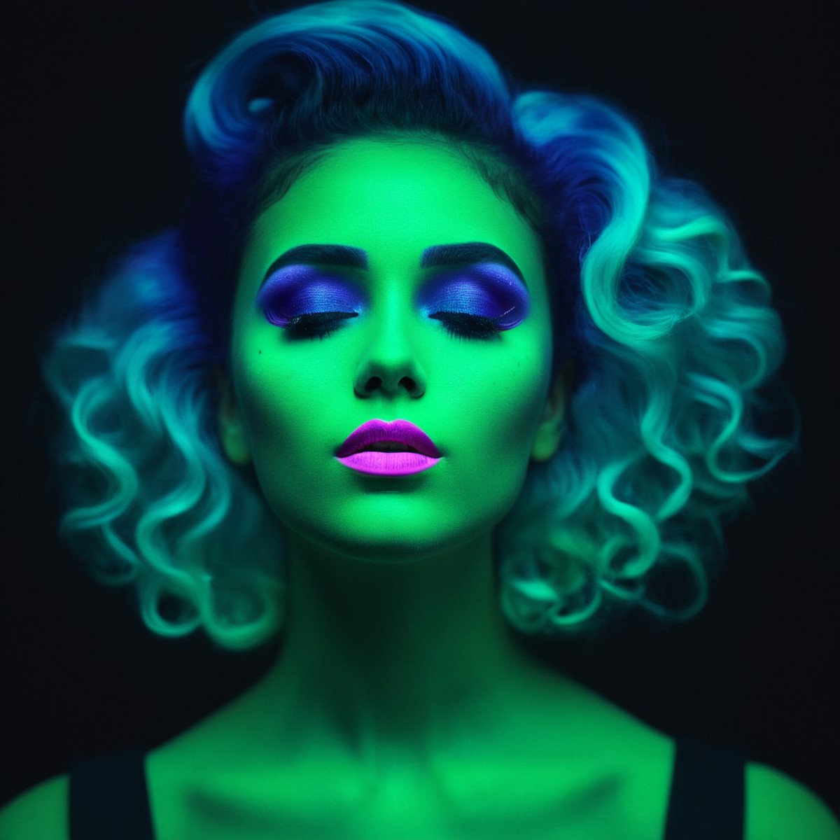 cinematic film still of  <lora:Ultraviolet lighting Style:1>
a woman with neon makeup and neon hair Ultraviolet lighting S...