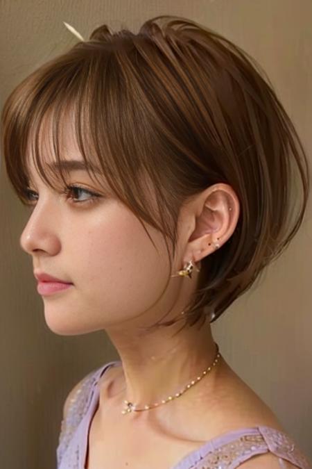 (1girl), (best quality), (masterpiece), (high resolution), (intricate details), (photorealistic), (cinematic light) <lora:SBobHaircut:0.8>
solo, earrings, brown hair, jewelry, short hair, profile, lips, brown eyes, collarbone, realistic, portrait