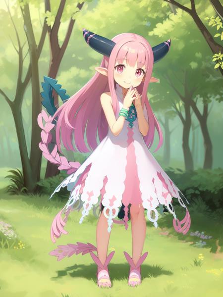 <lora:milleaf:1> milleaf, 1girl, solo, pink hair, long hair, horns, tail, pointy ears, pink eyes, smile,  shoes, dress, full body, jewelry,  bracelet, own hands together,
forest,