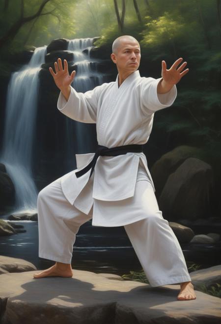 a Caucasian Zen practicing tai chi, wearing a judogi, in Yang position, sunny exterior, forest and waterfall background, 16k, masterpiece, highly detailed photo-realistic oil painting by Greg Rutowski, cinematic lighting