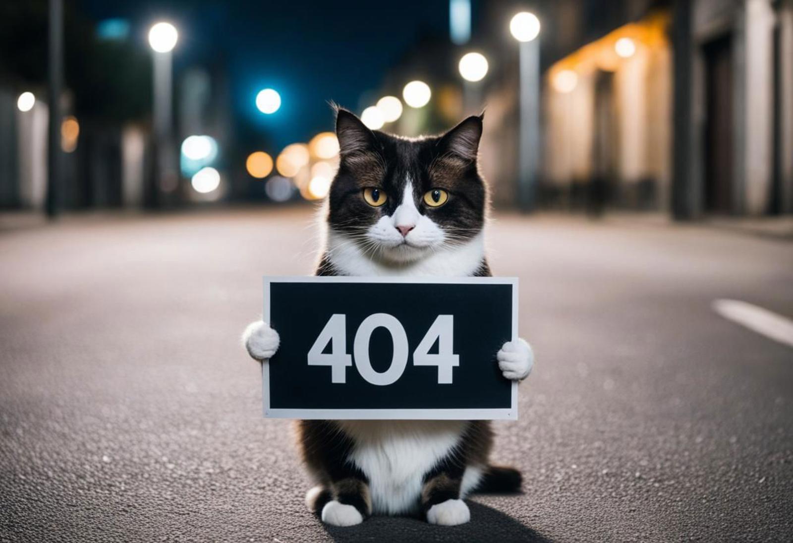 A cat holding a 404 sign.