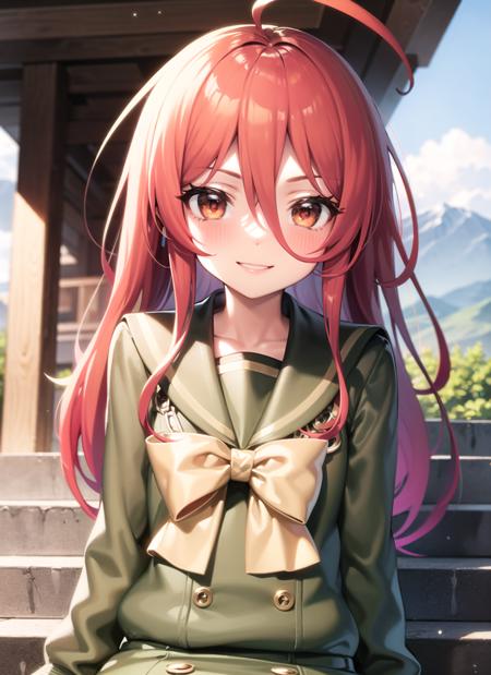 <lyco:shana1-000008:1.0>, shanaschred, upper body, smile, blush, outdoors, day, simple background, blue sky, sky, temple, looking at viewer, stairs, mountain, moody lighting, facing viewer,