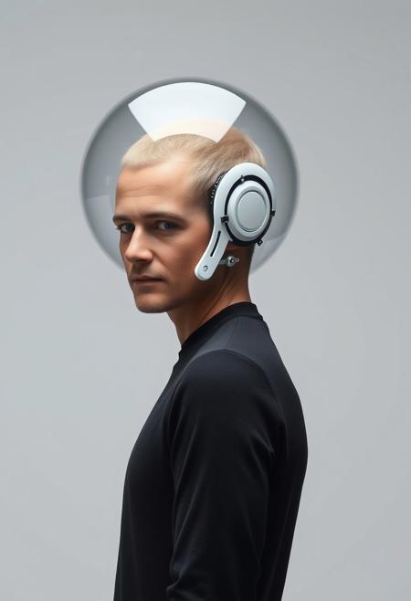 photo portrait of a man stands in front of camera, body slightly turned, looks into camera, high detailed, neutral background, with tiny details of a robot (android) but more as a human, with fully glass futuristic sphere on a head, realistic photo