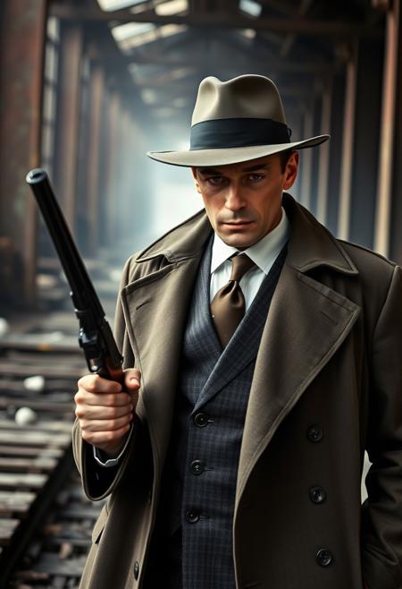 Alain Delon wearing a 1920's trenchcoat, suit and tie, borsalino hat, great depression vibes, holding a gun, smoking a cigarette, abandoned factory background, looking at viewer, masterpiece, 4k, highly detailed, best quality,