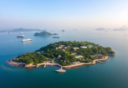 Yinyue Island is a tourist destination with a view of ships on the sea. The island has a radius of 2 kilometers and many valleys, isolated from the land. It has attractions such as docks, villas, and more.