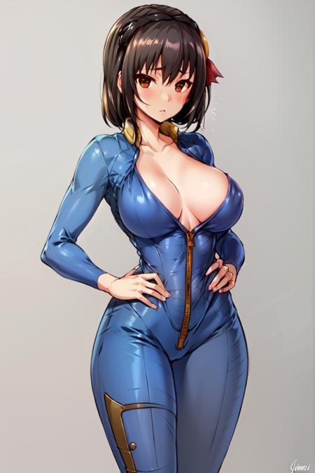 <lora:VaultJumpsuitV1:1>, blue_Vault_Jumpsuit, unzipped_jumpsuit, breasts,  number_on_jumpsuit,  yunyun1, <lora:yunyunKONOSUBA_v1:0.6>