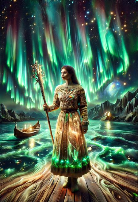 hardwood - SDXL, morph-aurora, imagine, realistic, surreal atmosphere in a other space exterior with stars and unknown planets, 1girl , alien with light bronze wood  skin with veins of bright greengold,  anthro wolfgirl,   beige celtic sweater with flared skirt, fitted knit,celtic pattern, boat neckline, , holding a wooden spear, starry night, aurora light ght,