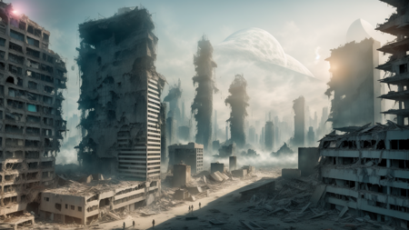 Abandoned building complex in futuristic city lifted up by earthquake and caught in tsunami, terrified crowd,vision,masterpiece, high quality, highres, Cinematic level lenses and lighting