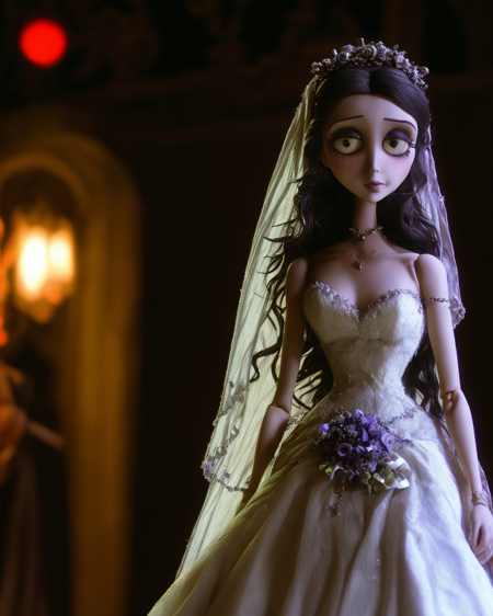 by TimBurton Animation <lora:TimBurton_Animation_offset:1.2>, 1girl, solo, long hair, horror \(theme\), veil, dark, upper body, chain, doll joints, black hair, wedding dress