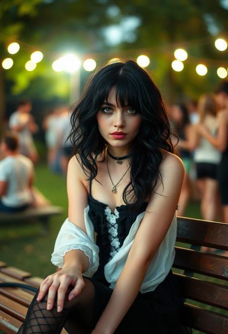 A gothic girl with black wavy hair and almond-shaped eyes sits on a park bench, exuding a detached allure, surrounded by a vibrant summer scene, with a blurred swinger party in the background, illuminated by bright flash photography.