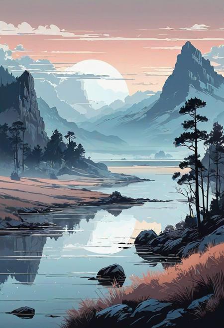 epic landscape, animation style, vectoring, high detailed, ink painting, melancholy colour palette, muted pale light faded colors, a complex composition,